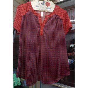 Per Seption Concept Women's Blouse Medium Red & Black Pattern Short Sleeve